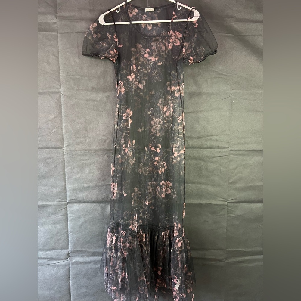 Free People Black Sheer Floral Maxi Dress with Pink Accents